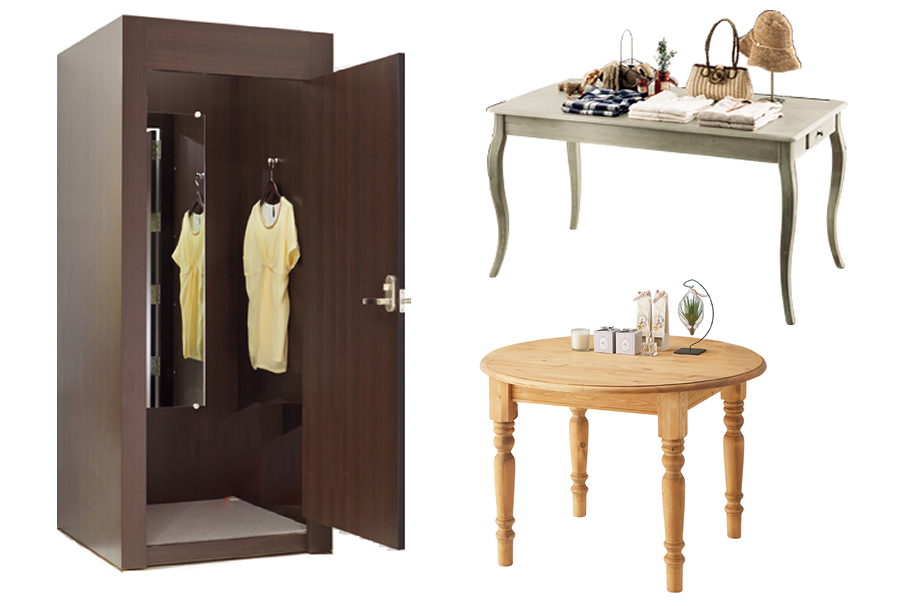 wooden table and round wood table and fitting room with a door etc