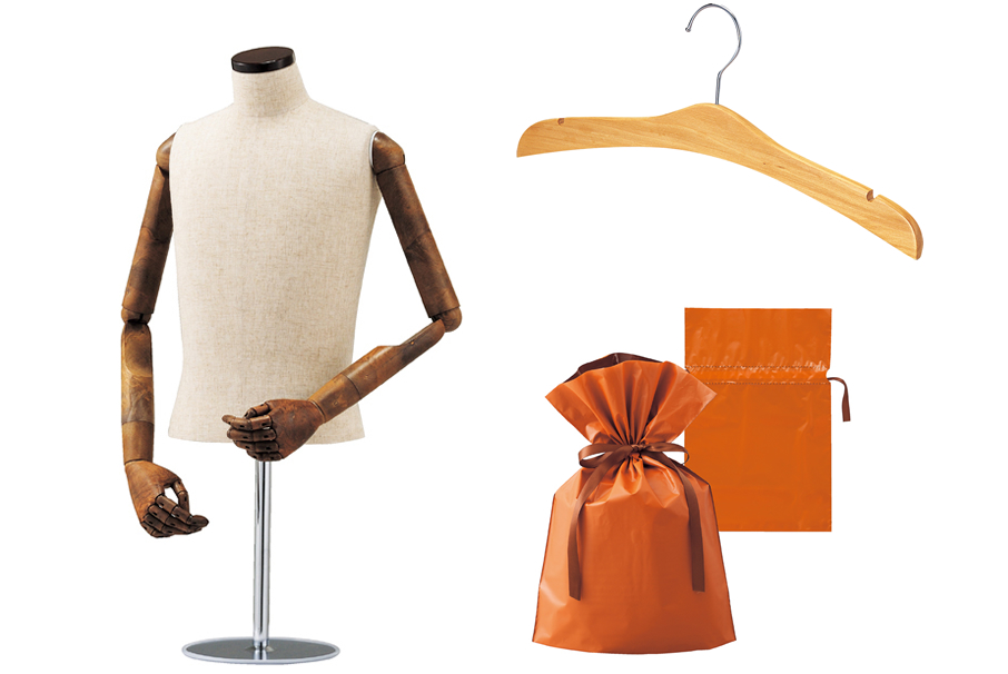 wooden clothes hanger and male table-top torso mannequin with flexible arms and wrapping bag etc